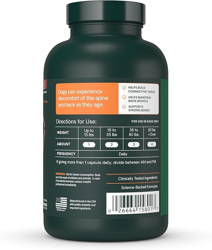 VetriScience Healthy Spine & Disc Easy-Open Capsules, Back and Spinal Support Chondroitin and Taurine Supplement for Dogs, Perfect for Dachshunds, Corgis, Frenchies, Basset Hounds & More, 180 Count