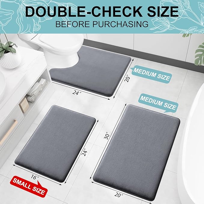 Smiry Memory Foam Bath Mat 44x24, Extra Soft and Absorbent Bathroom Mats, Non Slip Washable Carpet for Floor, Shower and Tub, Dark Grey