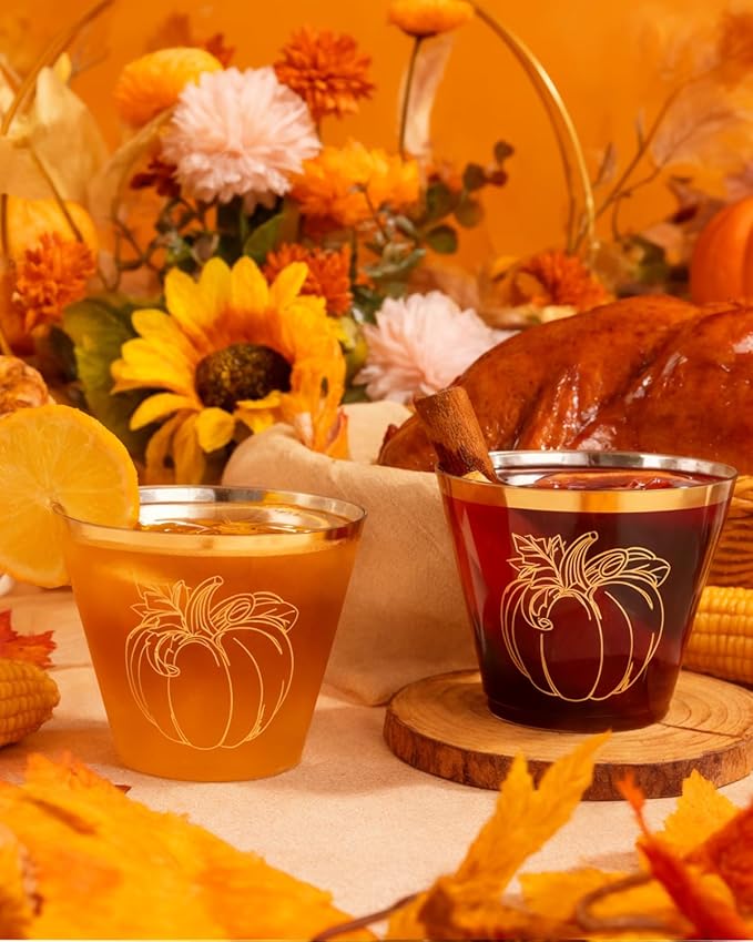 Ciaell 60 PCS Gold Plastic Cups - 9Oz Heavy Duty Plastic Cups - Thanksgiving Disposable Cup - Disposable Clear Wine Cup with Gold Pumpkin for Party & Thanksgiving