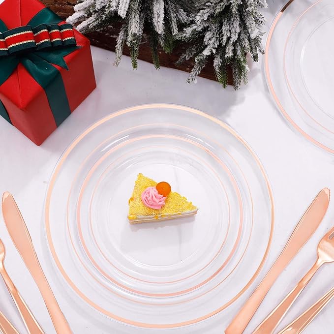 WELLIFE 350Pcs Rose Gold Plastic Plates for 50 Guests - Clear Plates for Party，Disposable Dinnerware Set Includes 100 Rose Gold plates,150 Silverware,50 Napkins,50 Cups for Party and Wedding