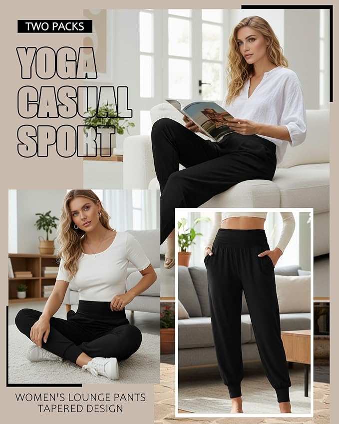 2 Pack Women's Yoga Joggers, Cozy Sweatpants with Pockets Casual Loose Comfy High Waisted Lounge Pants