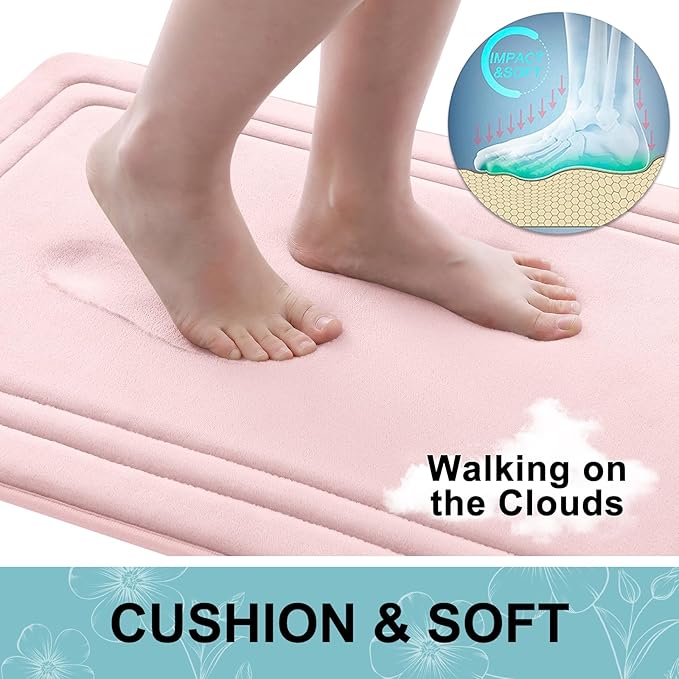 Grandaily Memory Foam Bath Mat Rug 30x20, Ultra Soft, Non-Slip and Absorbent Bathroom Rugs, Machine Wash Dry, Comfortable Bath Carpet for Bathroom Floor, Tub and Shower, Pink