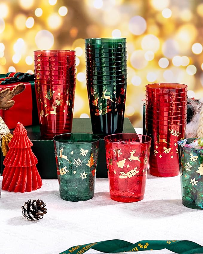 Ciaell 60 Pack Christmas Plastic Cups - 10 Oz Red and Green Disposable Cups - Christmas Wine Glasses for Xmax Party Supplies