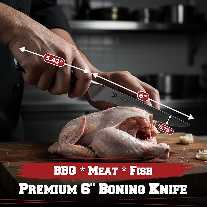 Kitchen perfection 6” Boning Knife for Meat Cutting & Filleting - Razor Sharp Premium German Steel Blade with Sheath - Full Tang Ergonomic Handle - Trim, Debone, Slice Meat Like a Pro- BBQ Men's Gift