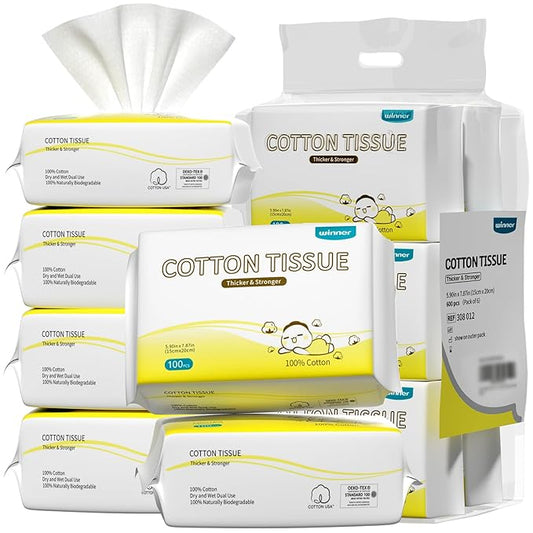 Winner 100% Cotton Dry Wipes, USDA Certified Baby Wipes, Soft & Gentle, Hypoallergenic & Unscented for Baby Sensitive Skin, Use Wet/Dry for Diaper Changes, Meals & Cleanup, 600 Count, Pack of 6