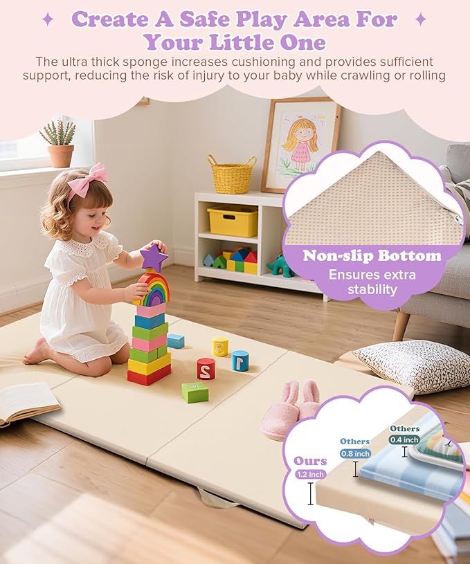 39X59Inch Vegan Leather Play Mat for Baby Trifold Thick | Soft Padded Foam Floor Mat for Kids Playroom | Foldable Playmat | Non-Slip Removable Cover Washable Crawling Playmat Infant