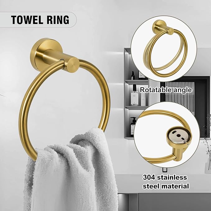 5-Piece Towel Racks for Bathroom, Stainless Steel Bathroom Accessories Set, Bathroom Towel Holder Wall Mounted, Sturdy Bath Towel Bar Set Bathroom Hardware Set (Brushed Gold, 2 Pillar Paper Holder)