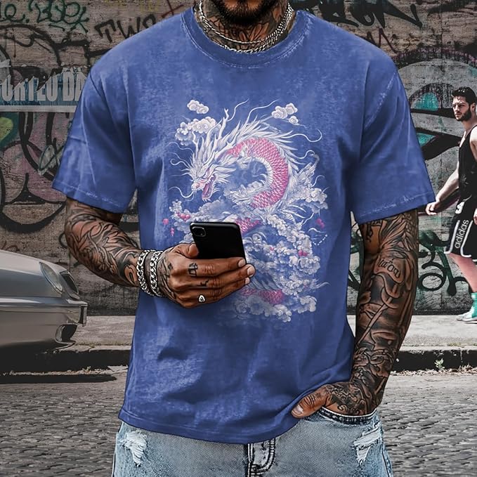 Mens Dragon Grpahic T-Shirts Short Sleeve 100% Cotton Crewneck Big and Tall Outdoor Summer Quick Dry Undershirts