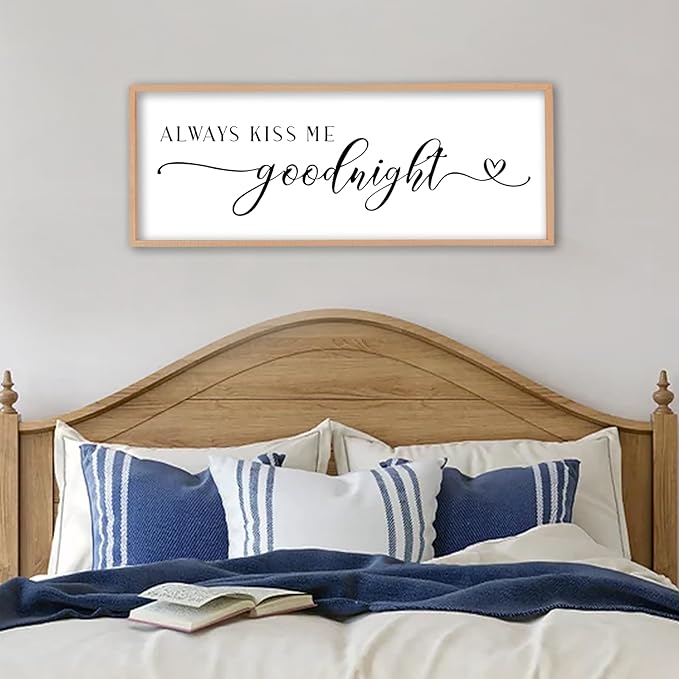 Always Kiss Me Goodnight Sign Wall Decor 40"X15" Master Bedroom Above Bed Large Wooden Framed for Couples Over Bed Wall Hanging Art (Wood)