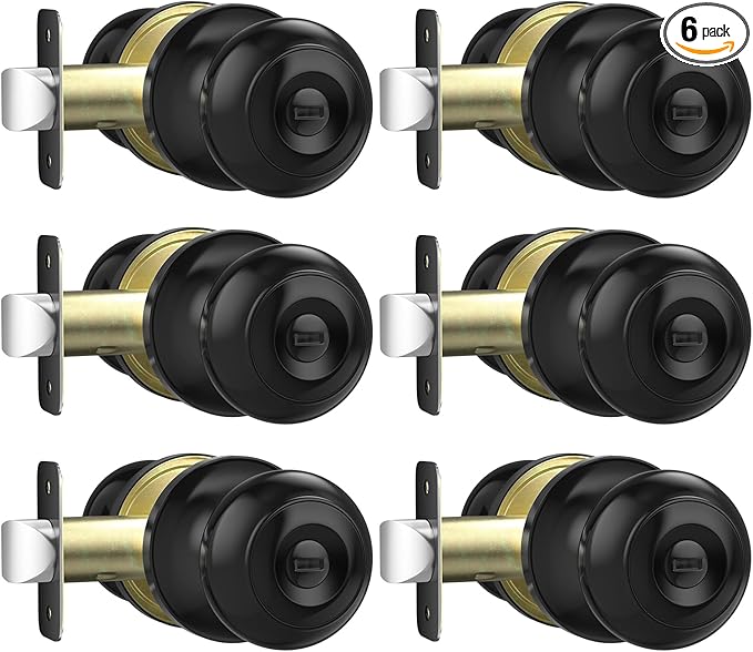 Privacy Door Knob, Matte Black Door Knobs Interior Keyless Locks Set(6 Pack), Bedroom Bathroom Door Knob with Lock, Reversible for Left/Right Door Handle