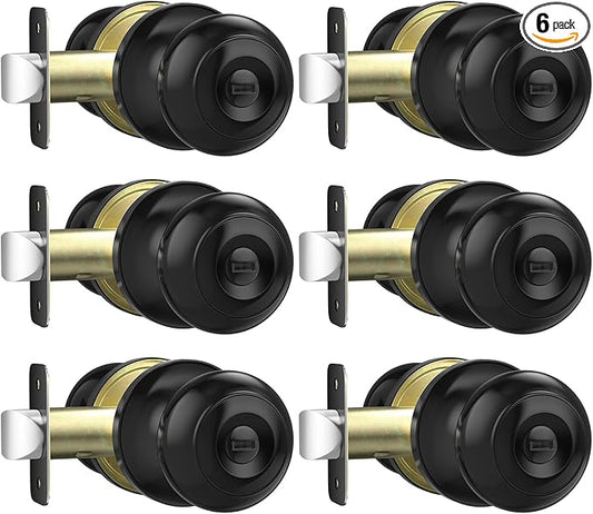 Privacy Door Knob, Matte Black Door Knobs Interior Keyless Locks Set(6 Pack), Bedroom Bathroom Door Knob with Lock, Reversible for Left/Right Door Handle