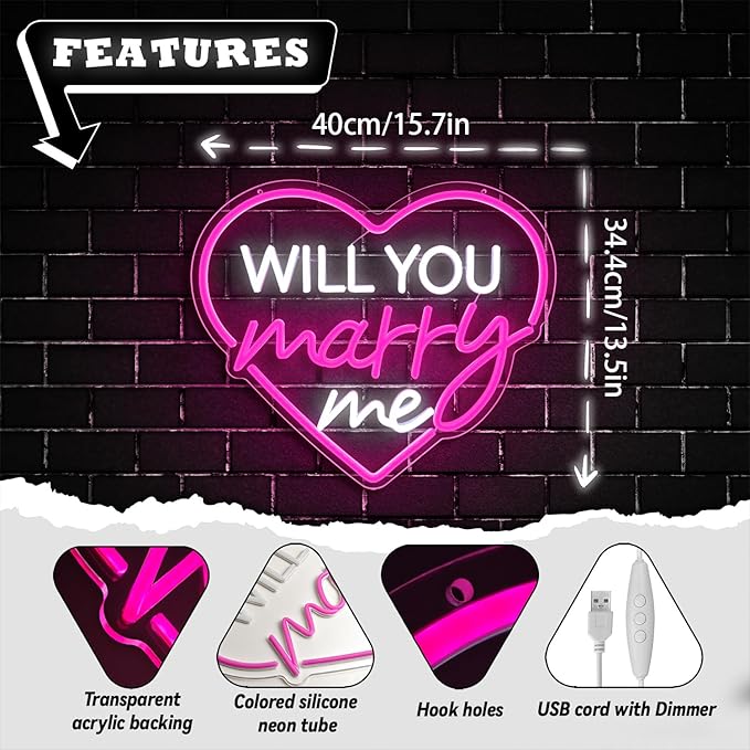 Will You Marry Me Neon Sign Pink Heart LED Light for Proposal Decor, Romantic Engagement Decoration USB Powered LED Wall Sign for Wedding, Valentine’s Day, Anniversary, Bedroom Decor