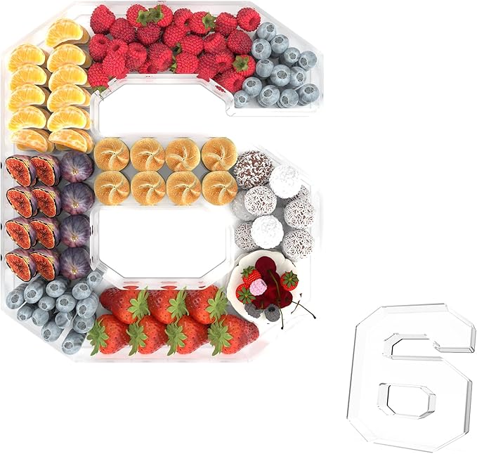 13.8" Acrylic Number Charcuterie Tray, Fillable Number Charcuterie Box for Food, Reusable Serving Cake Candy Dish Display Tray for Birthday Anniversary Party Decoration (Square Number 6)
