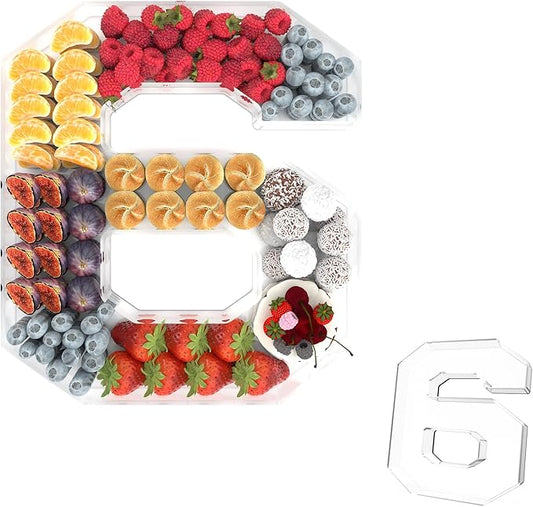 13.8" Acrylic Number Charcuterie Tray, Fillable Number Charcuterie Box for Food, Reusable Serving Cake Candy Dish Display Tray for Birthday Anniversary Party Decoration (Square Number 6)