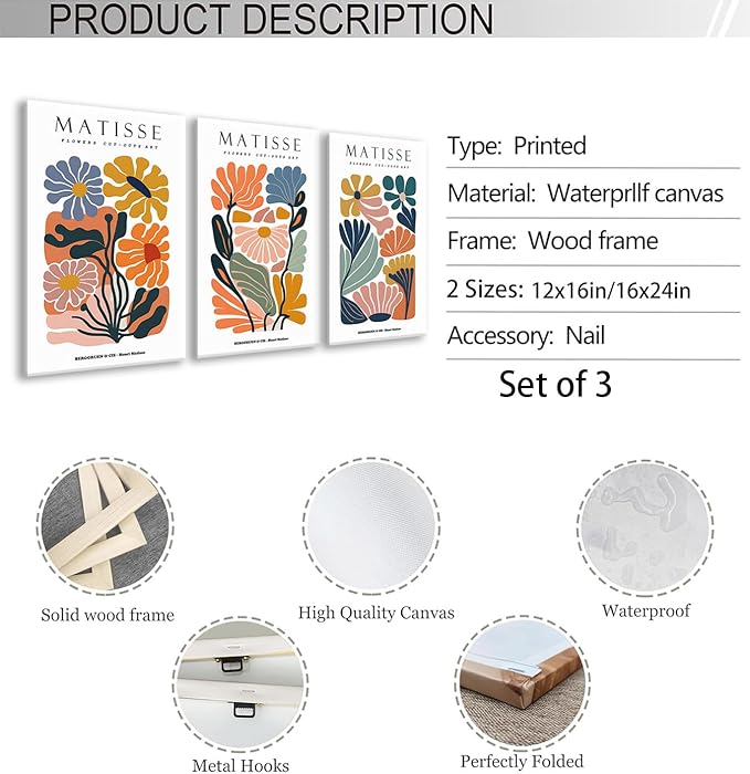 3Pcs Framed 16x24in Matisse Wall Art Canvas Colorful Boho Flower Posters Abstract Pictures Minimalist Plant Leaves Painting Prints Decor Aesthetic for Living Room Bedroom Dorm
