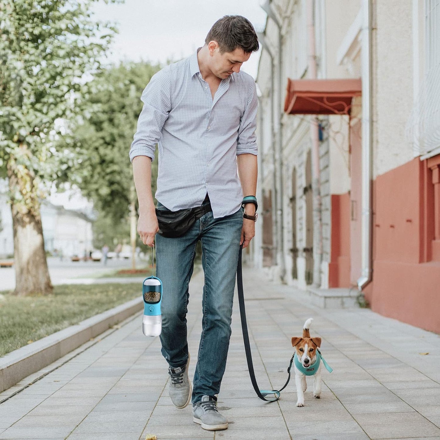 Portable Dog Water Bottle with Food Container (All-in-One Travel Feeder)
