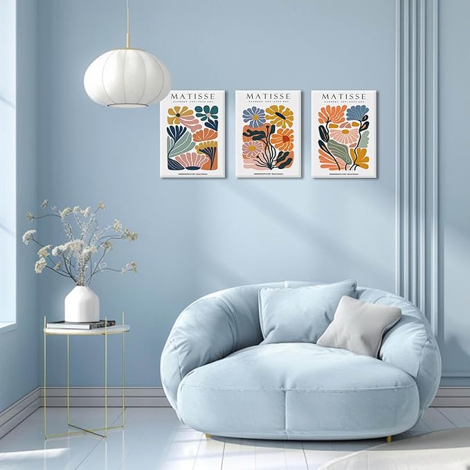 BingruiArt Matisse Wall Art Canvas Colorful Boho Flower Poster Abstract Pictures Set of 3 Minimalist Plant Leaves Painting Prints Decor Aesthetic for Living Room Bedroom Dorm 12"x16" Framed