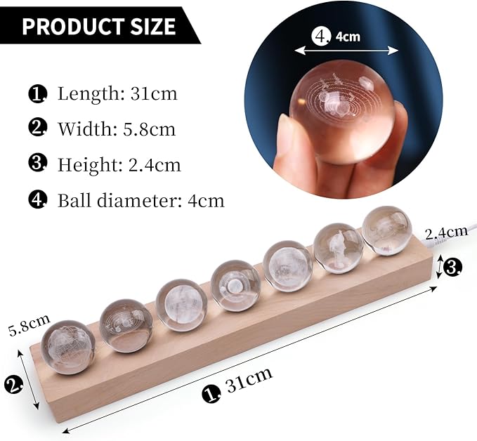 7 Pcs Planet Crystal Ball Night Light Lamp with LED Wooden Base, 3D Galaxy Moon Saturn Crystal Ball Nightlight for Meditation Positive Energy Decoration for Home for Birthday Christmas Gifts
