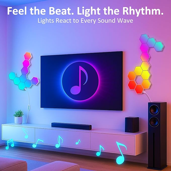Hexagon LED Light Panels 8 Pack – Smart RGB Wall Lights with APP & Remote Control – Music Sync Modular Gaming Lights for Bedroom, Living Room, Wall Decor