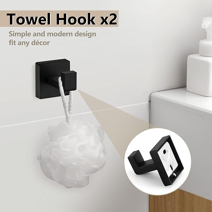 Homikit Matte Black Bathroom Hardware Set, 5-Piece SUS304 Stainless Steel Wall Mounted Bath Towel Bar Accessories Set, 16 Inch Towel Rack, Toilet Paper Holder, Towel Ring, Hooks