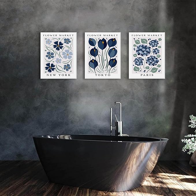 BingruiArt Flower Market Wall Art Navy Blue Canvas Boho Floral Wall Decor Modern Retro Botanical Posters Prints Pictures for Livingroom Batroom Bedroom Dorm Room 3Pcs 12"x16" Framed