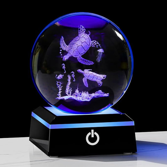 Qianwei Sea Turtle Gifts for Women 3D Crystal Ball 3.14'' - Laser Sea Turtle Decor Glass Animals Turtle Figurines Statue Stuff for Room Decorations Turtles Night Light