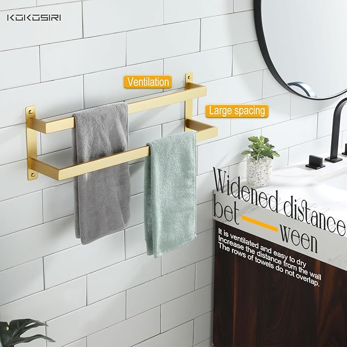 KOKOSIRI Bath Towel Bars Bathroom 2-Tiers Ladder Brushed Gold Towel Rails 24 Inches Towel Holders Wall Mounted Towels Shelves Rack Stainless Steel, B5008BG-L24