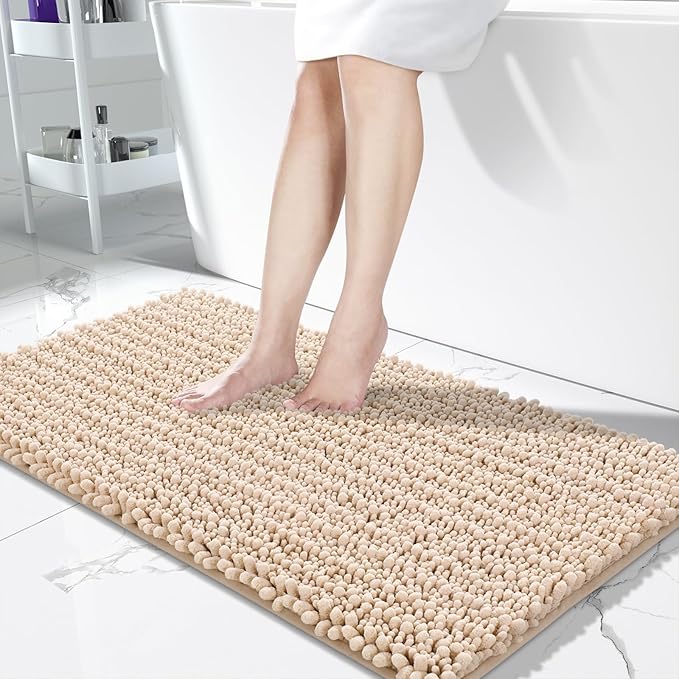 Yimobra Bathroom Runner Rug 55x24 Inch - Extra Long Non Slip Chenille Bath Mat, Soft & Absorbent, Machine Washable Shaggy Hallway Carpet for Vanity Tub Shower, Light Brown Home Decor Accessories