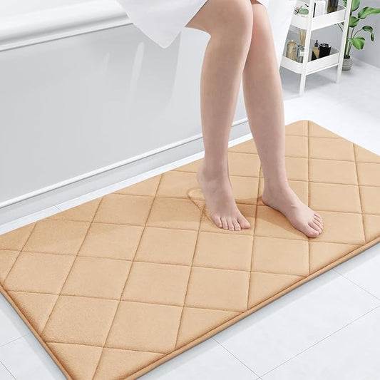 OLANLY Memory Foam Bath Mat 44x24, Ultra Soft and Absorbent Bathroom Rugs, Machine Washable, Comfortable Bath Carpet for Bathroom Floor, Tub and Shower, Beige