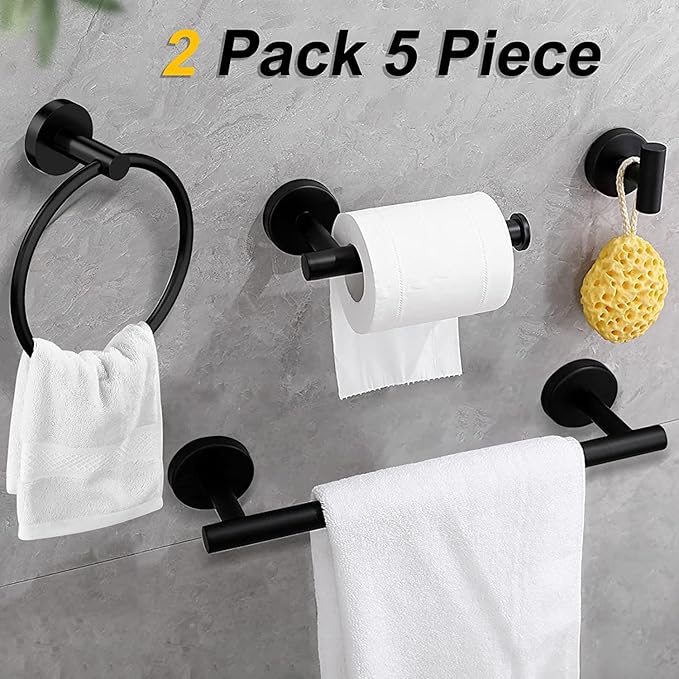 Cilee 10-Piece Matte Black Bathroom Accessories Set, 16 inch Towel Rack + Towel Ring + Robe Towel Hook + Toilet Paper Holder for Bathroom Wall, Stainless Steel Towel Bar