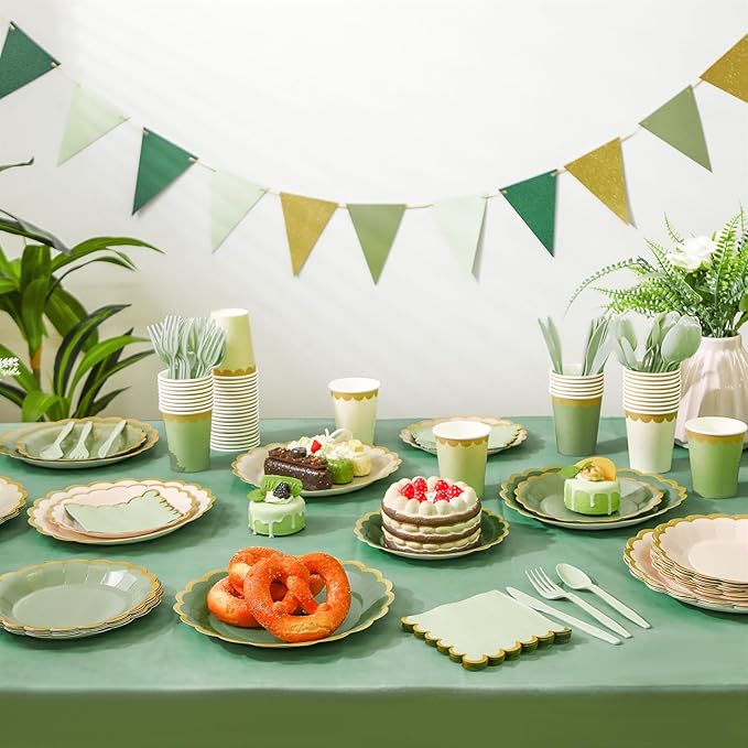 Mimorou 342 Pcs Sage Green Party Supplies Green Tableware Paper Disposable Plates Napkins Cups Plastic Tablecloth Sage Golden Triangle Banner for Wedding Bachelorette Birthday
