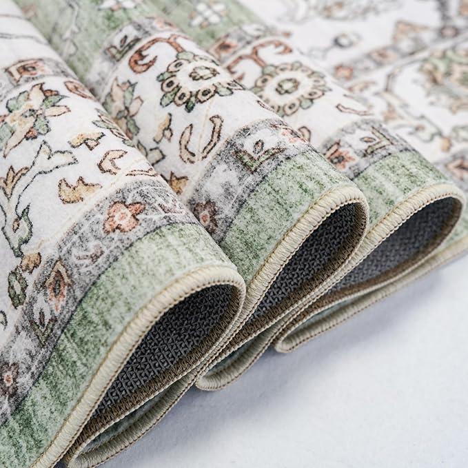 RUUGME Living Room 3x5 Area Rugs - Washable Lightweight Area Rug Stain Resistant Carpet Vintage Soft Rugs for Bedroom Kitchen with Non Slip Backing Home Decor Small Mat 3x5 Sage