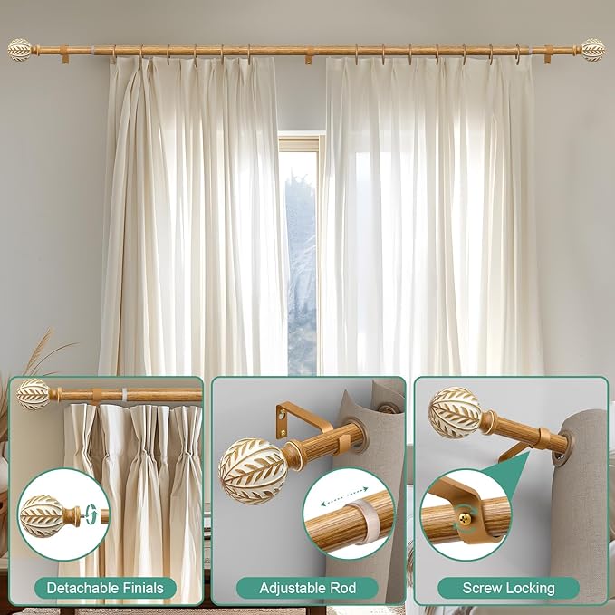 2 Pack Boho Wood Curtain Rods for Windows 28 to 48 inch,1" Adjustable Heavy Duty Window Curtain Rod with Imitation Wood Grain Finials,Rustic Decorative Drapery Rods Set 18-60'',Maple Wood