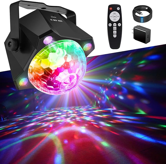 Disco Ball Light DJ Party Light，Sound Activated 6 Colors Stage Strobe Party Decorations for Outdoors and Indoors Home Club Karaoke Christmas Halloween Birthday Wedding Dancing Mood Lights
