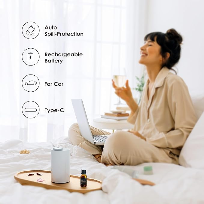 Airversa Waterless Diffuser for Essential Oil, Car Diffsuer, Battery Operated Nebulizer, 0.7 Fl Oz/ 20mL, Mini Scent Air Machine, 3 Timers & 3 Mist Levels for Home, Room, Car, Office - AN6 Lavender