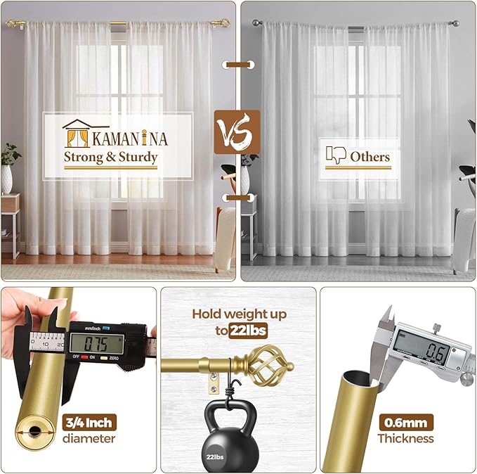 KAMANINA Gold Curtain Rods for Windows 72 to 144 Inch, Long Curtain Rod 32 to 144 Inches (2.6-12ft), 6/8 In Splicing Adjustable Single Drapery Rod with Twisted Cage Finial