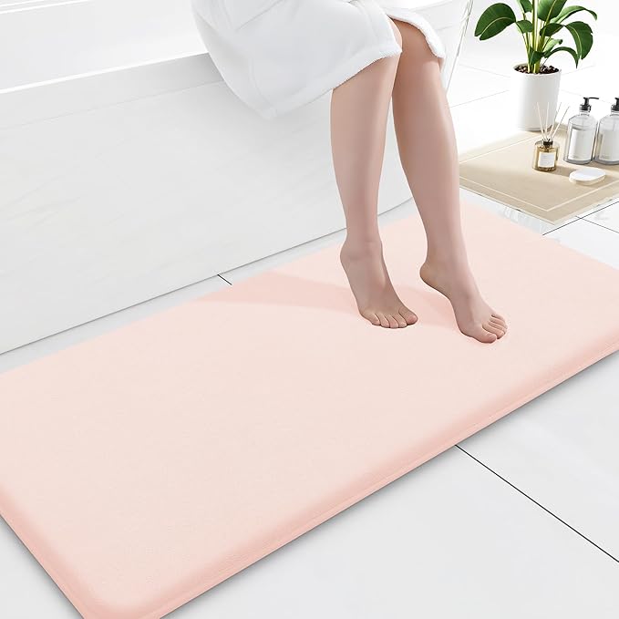 Smiry Memory Foam Bath Mat 59x20, Extra Soft and Absorbent Bathroom Mats, Non Slip Washable Carpet for Floor, Shower and Tub, Pink