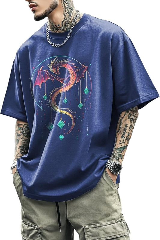 Mens Dragon Grpahic T-Shirts Short Sleeve 100% Cotton Crewneck Big and Tall Outdoor Summer Quick Dry Undershirts