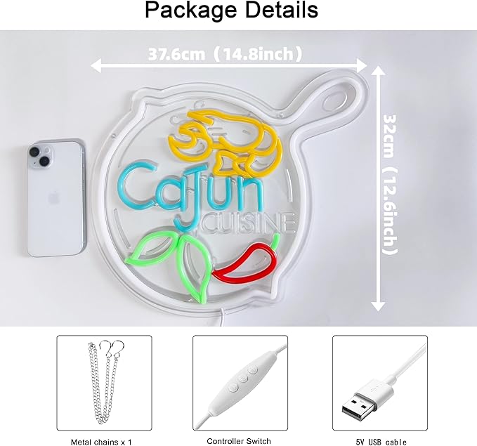 CNBEYOUNG Cajun Cuisine Neon Sign, Neon Lights Hanging Wall Art Decoration for Cajun Restaurant Shop Bar Cafe Kitchen Party Home Decor, USB Powered Ultra Bright Dimmable,14.8x 12.6inches