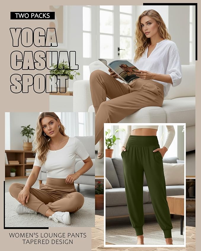 2 Pack Women's Yoga Joggers, Cozy Sweatpants with Pockets Casual Loose Comfy High Waisted Lounge Pants