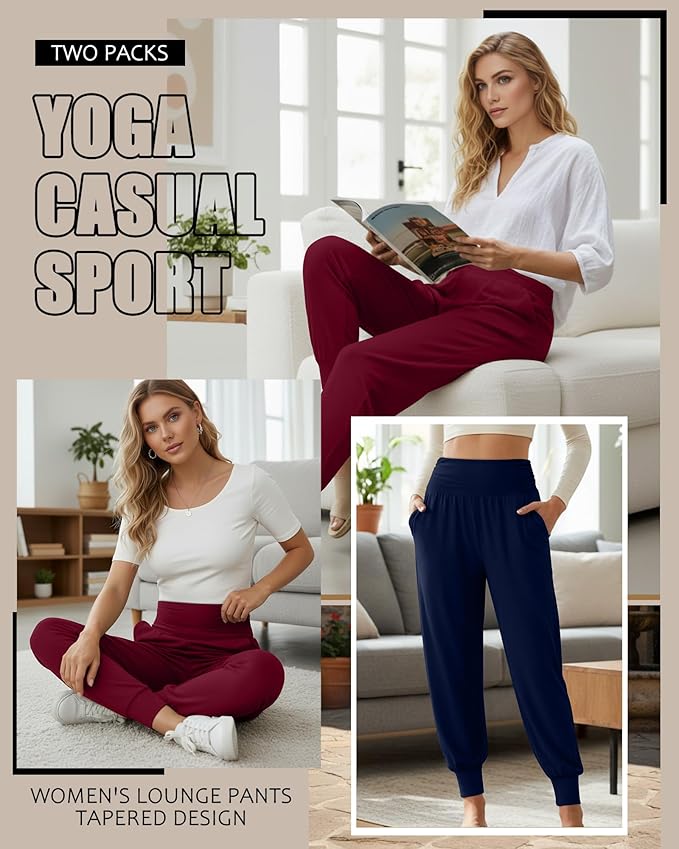 2 Pack Women's Yoga Joggers, Cozy Sweatpants with Pockets Casual Loose Comfy High Waisted Lounge Pants