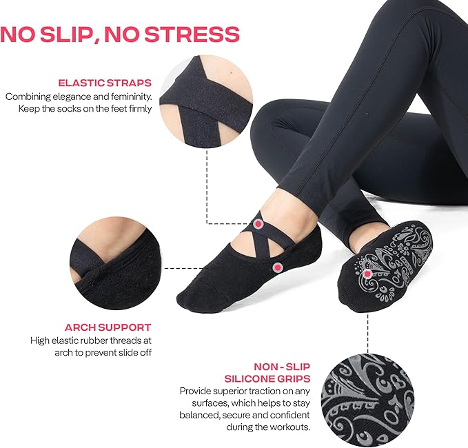 CoolMate Pilates Socks with Grips for Women, Yoga Socks, Crew Non Slip Women for Barre, Pilates Gifts