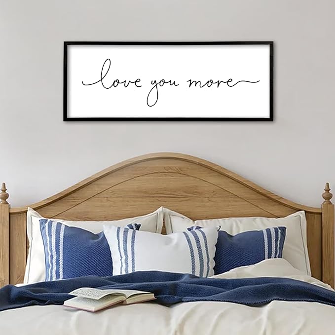 Love You More Sign Wall Decor Art 40"X15" Master Bedroom Guest Room Above Over Bed for Home Couple Rustic Large Wood Framed Wall Hanging (Black)