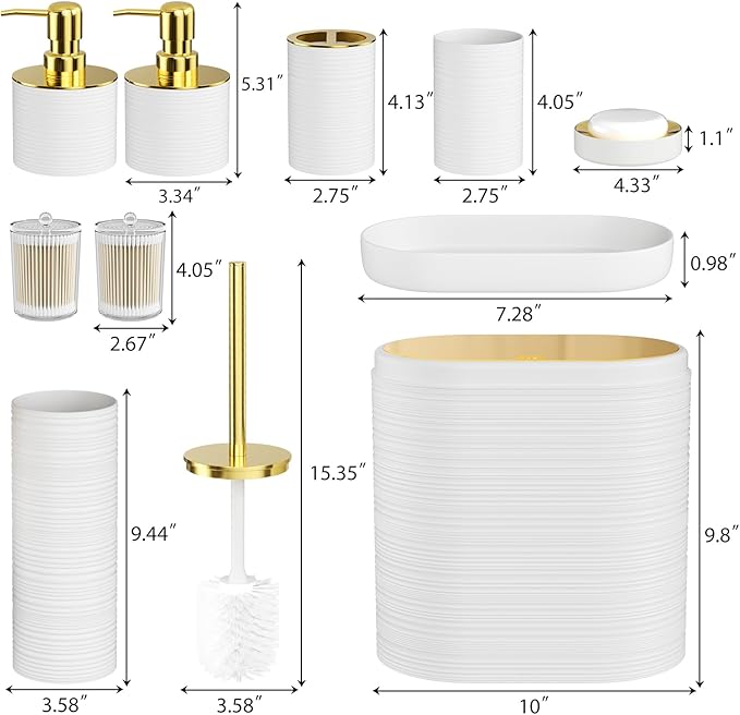 Bathroom Set, 10PC Bathroom Accessory Set, White Bathroom Accessories, White and Gold Bathroom Set with Trash Can, Soap Dispensers