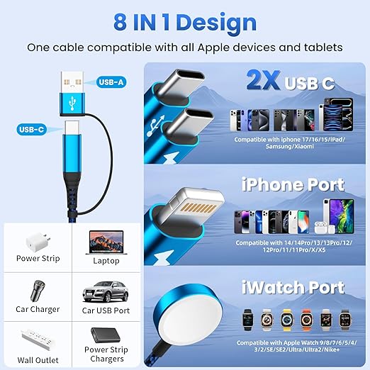 Multi Charging Cable with Dual Type-C Ports, 4 in 2 USB A/C Charing Cord for Apple Watch Charger/iPhone Charger/L Port, 5FT 2Pack iWatch Cable Travel Essentials for iWatch/iPhone 17-11/Android