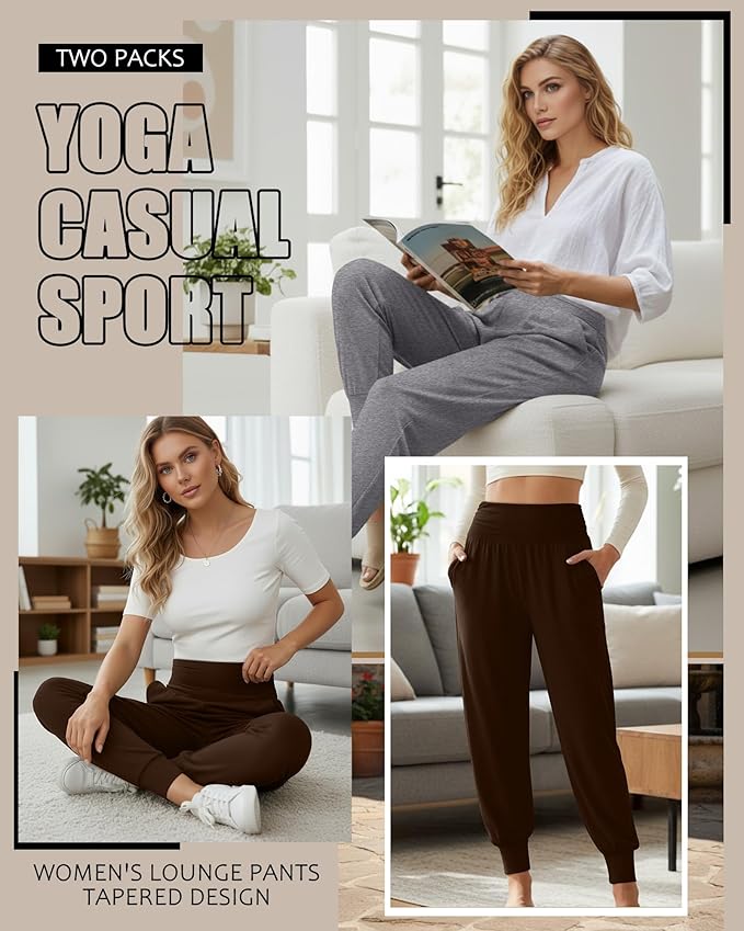 2 Pack Women's Yoga Joggers, Cozy Sweatpants with Pockets Casual Loose Comfy High Waisted Lounge Pants