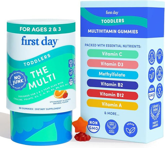 FIRST DAY Toddler Multivitamin Gummies (Ages 2-3)| Kids Multivitamin Gummies with Vitamins A C D3, B2, B12, Choline, Folate and 21 Organic Superfoods| (30 Day Supply)