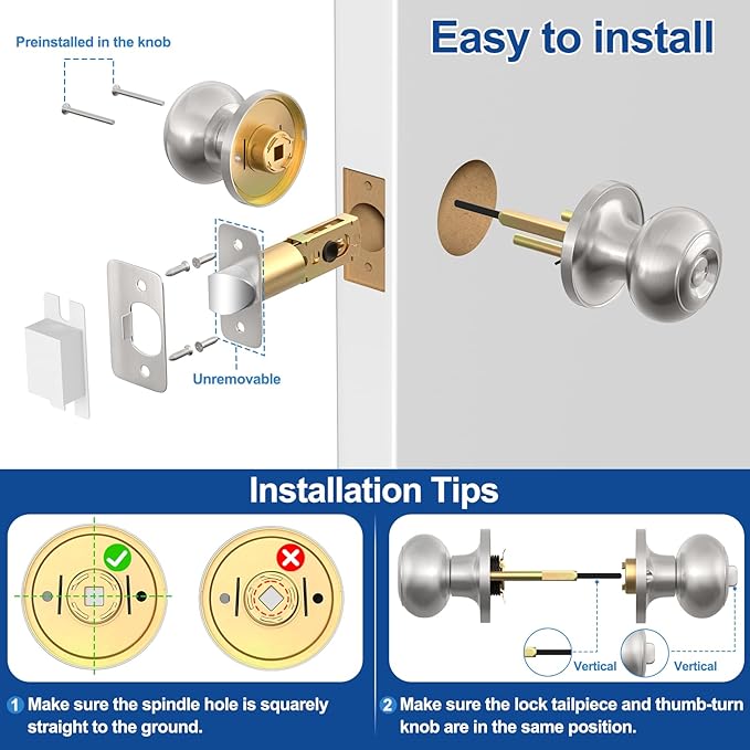 Brushed Nickel Door Knobs Interior Keyless Knob, Privacy Door Knob with Lock, 5 Pack Door Locks for Bedrooms Bathroom, Reversible for Left/Right Door Handle