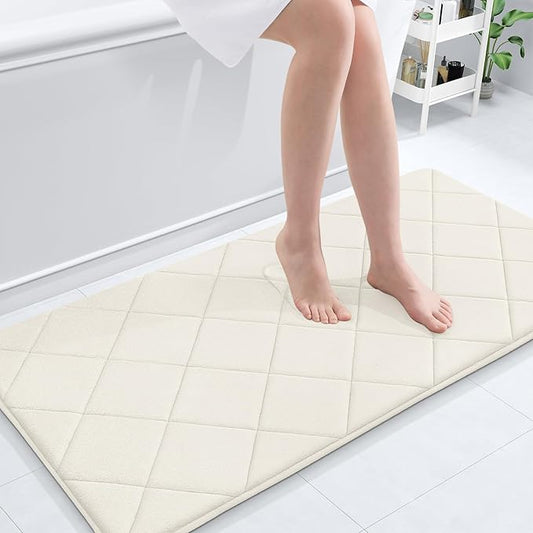OLANLY Memory Foam Bath Mat 44x24, Ultra Soft and Absorbent Bathroom Rugs, Machine Washable, Comfortable Bath Carpet for Bathroom Floor, Tub and Shower, Ivory