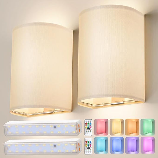 OCATO Battery Operated Wall Sconce: Wireless Wall Sconces Set of Two Battery Operated Magnetic Lamp Rechargeable Lights Dimmable with 16 RGB Colors with Remote Walls Decor for Bedroom Living Room